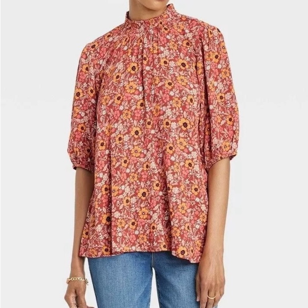 KNOX ROSE Floral Mock Neck Short Sleeve blouse